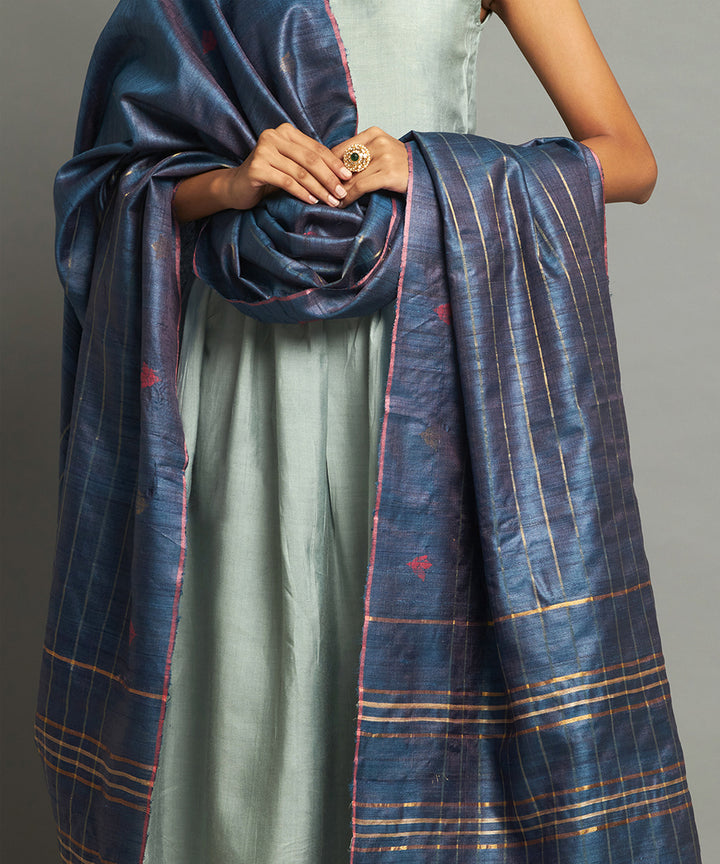 Deep blue tussar silk hand woven kosa dupatta