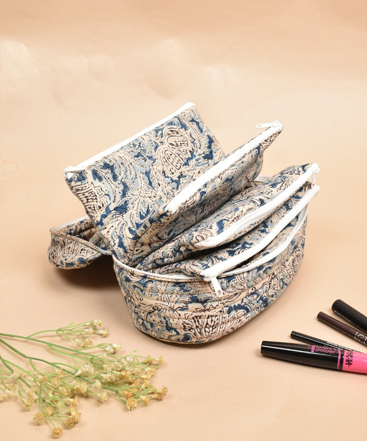 White blue crafted cotton kalamakri make up pouch
