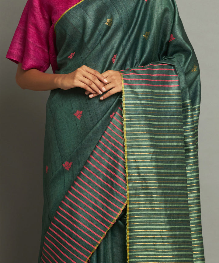 Dark green handwoven kosa silk saree with striped design