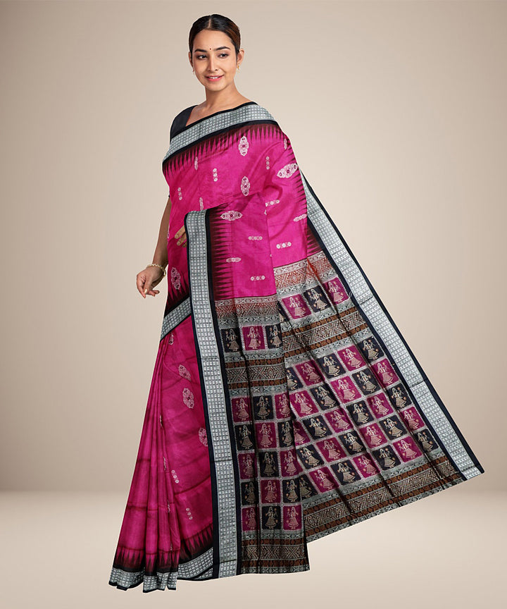 Dogwood rose pink black silk handwoven bomkai saree