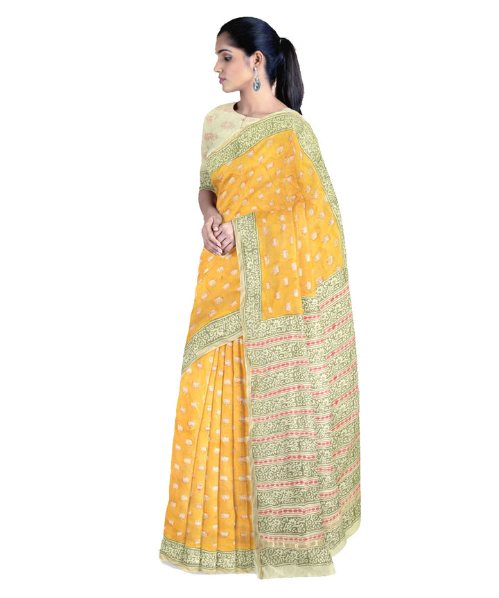 Yellow green cotton silk hand printed maheshwari saree
