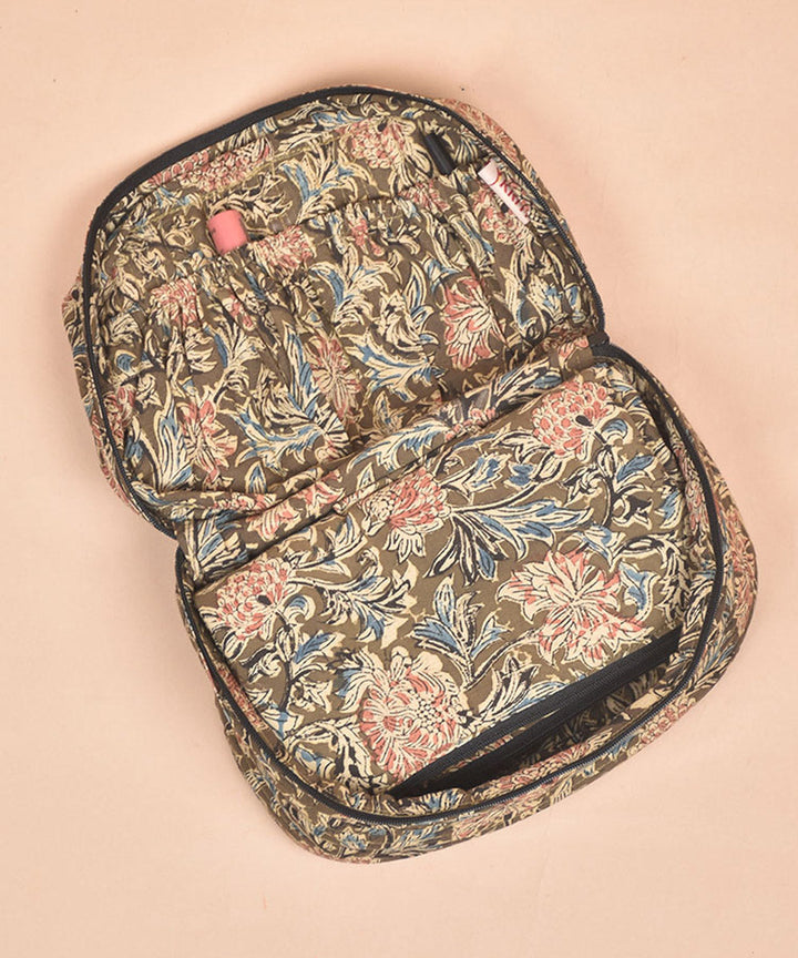 Olive green hand crafted cotton kalamakri make up pouch