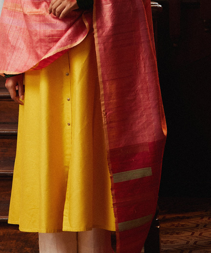 Coral checkered tussar silk handwoven kosa dupatta