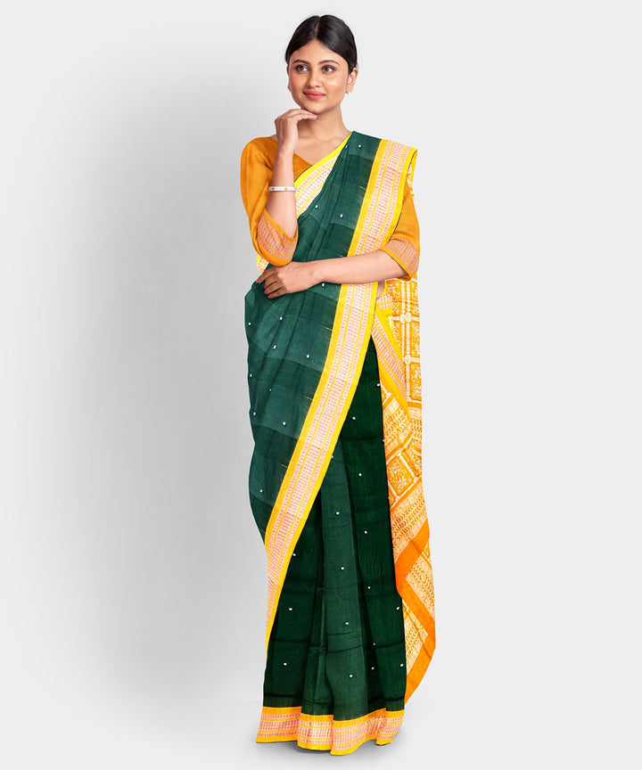 Olive green yellow cotton handwoven bomkai saree