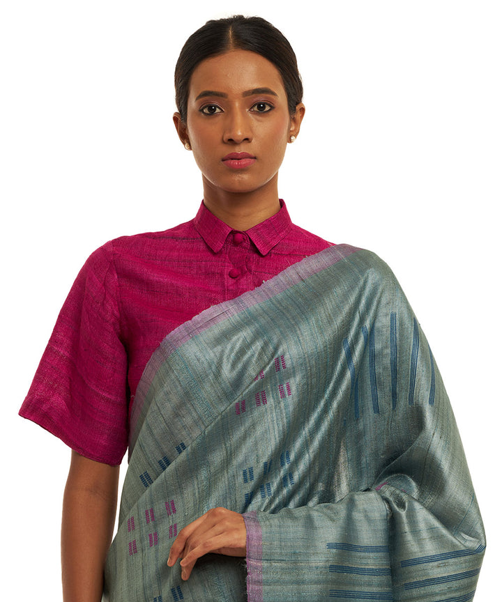 Handwoven natural undyed kosa saree with multicolour motifs