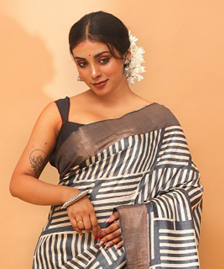 Black white chhattisgarh handloom tussar silk saree
