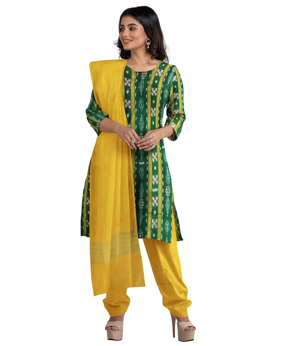 Green yellow hand woven cotton nuapatna dress material