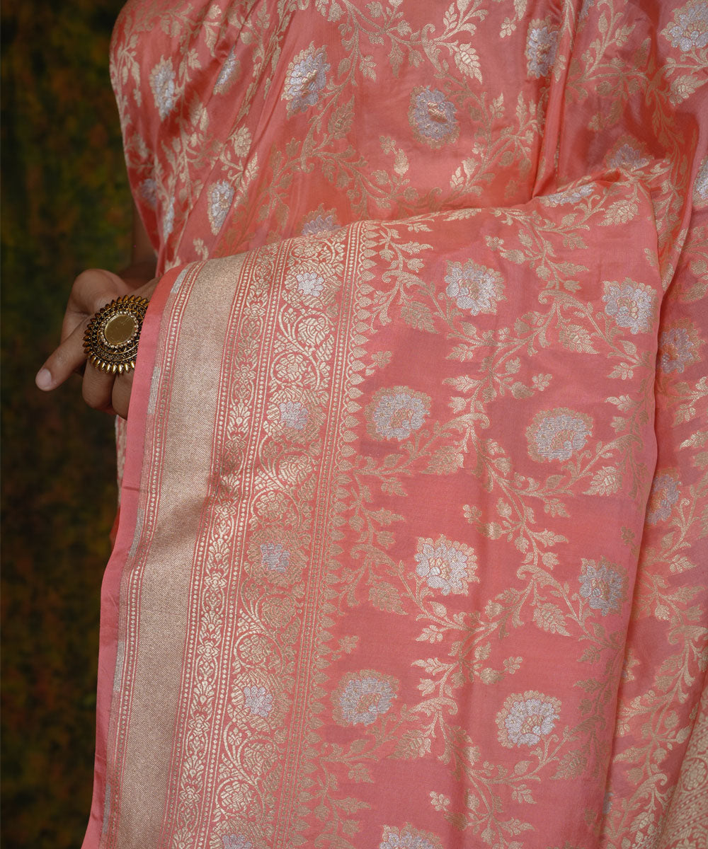 Peach silk handwoven banarasi saree