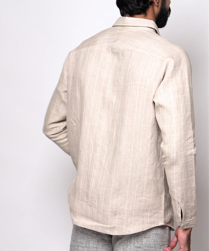 Beige stripes checks handwoven linen shirt