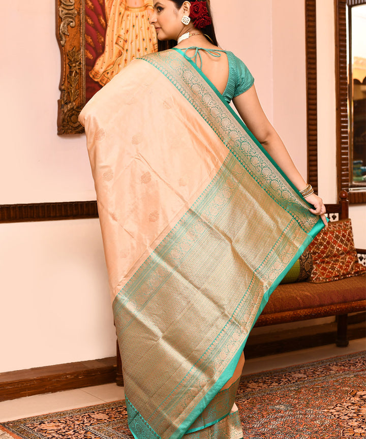 Cream peach silk handwoven banarasi saree