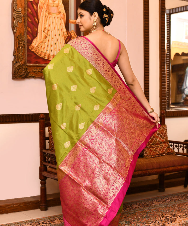 Parrot green silk handwoven banarasi saree