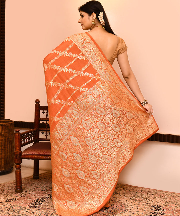 Orange silk handwoven banarasi saree