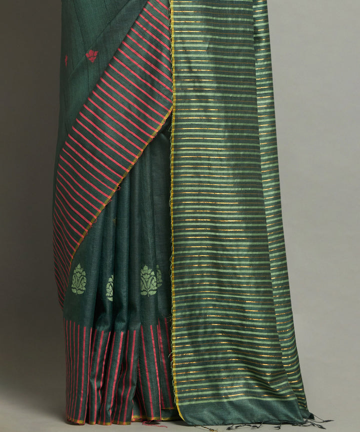 Dark green handwoven kosa silk saree with striped design