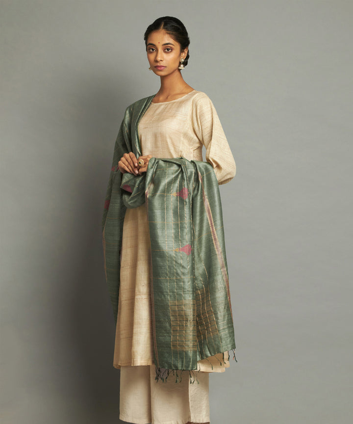 Mint green tussar silk handwoven kosa dupatta