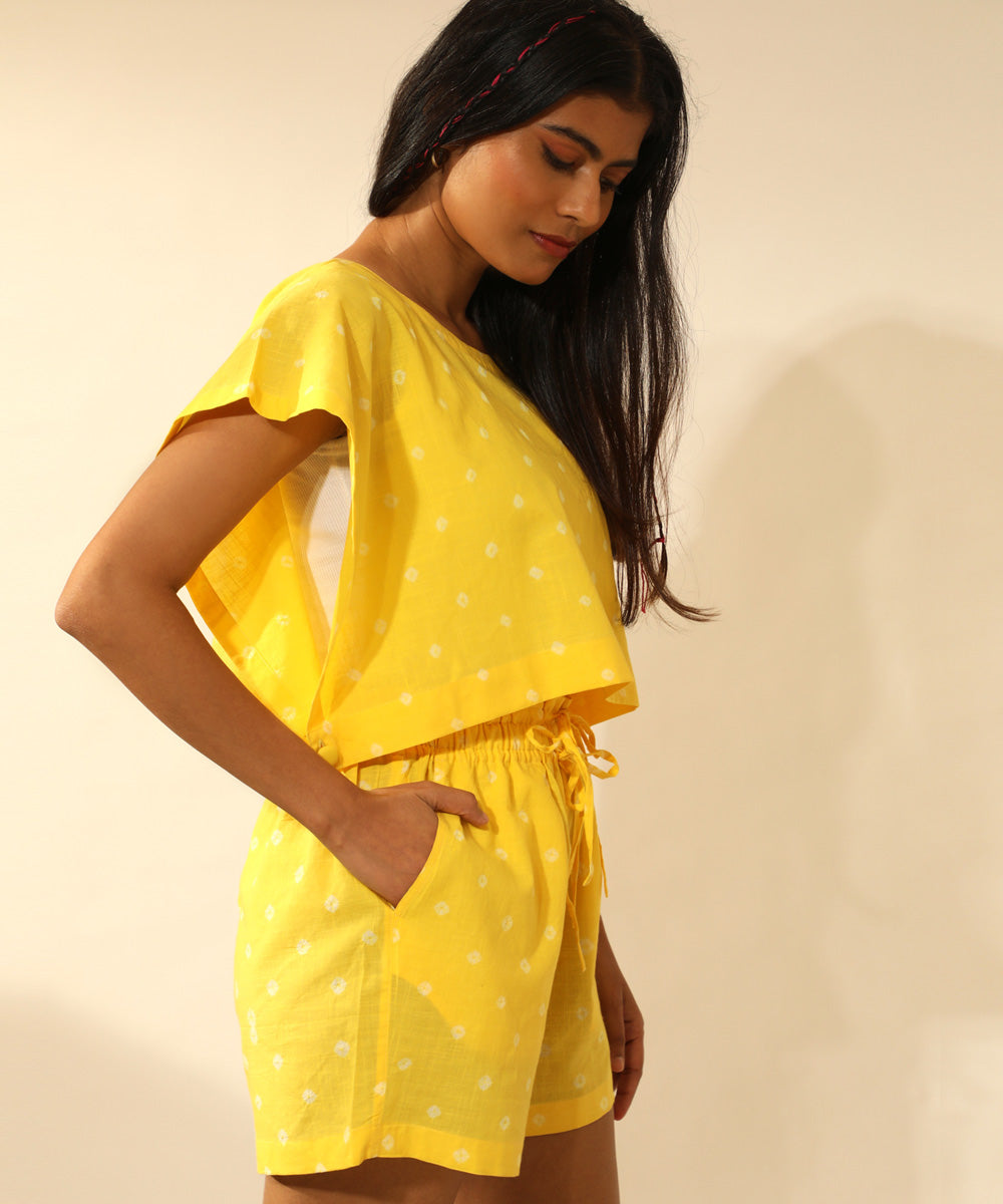 Yellow handcrafted bandhani cotton shorts