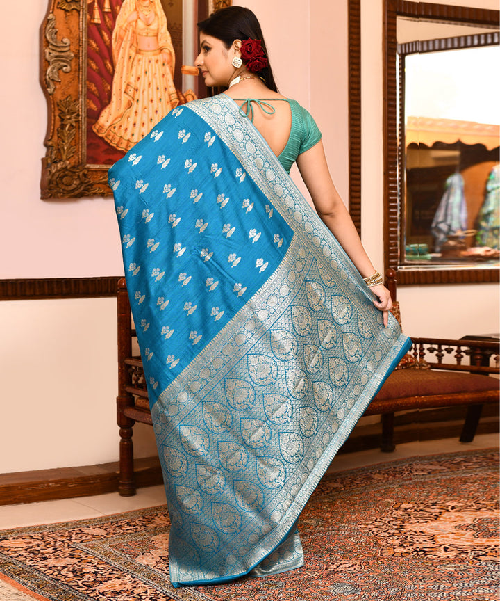 Blue silver buti silk handloom banarasi saree