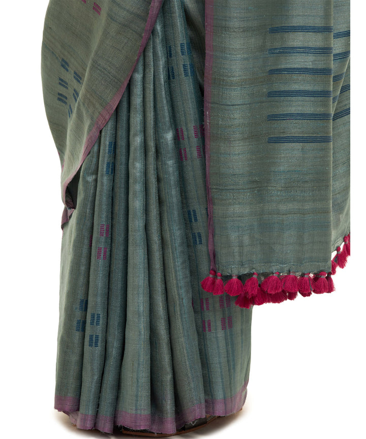 Handwoven natural undyed kosa saree with multicolour motifs