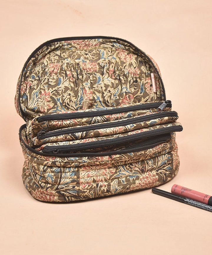 Olive green hand crafted cotton kalamakri make up pouch