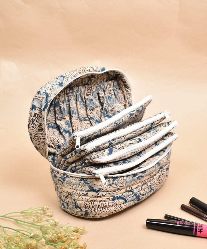 White blue crafted cotton kalamakri make up pouch