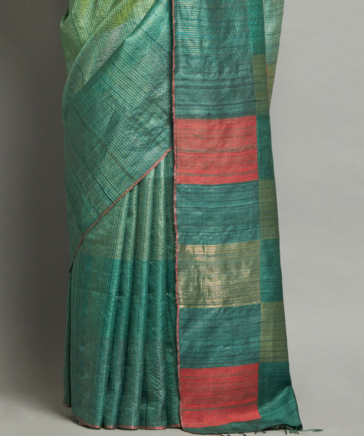 Teal green red handwoven kosa silk saree