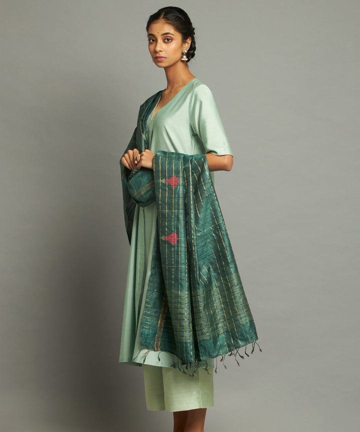 Dark green tussar silk handwoven kosa dupatta