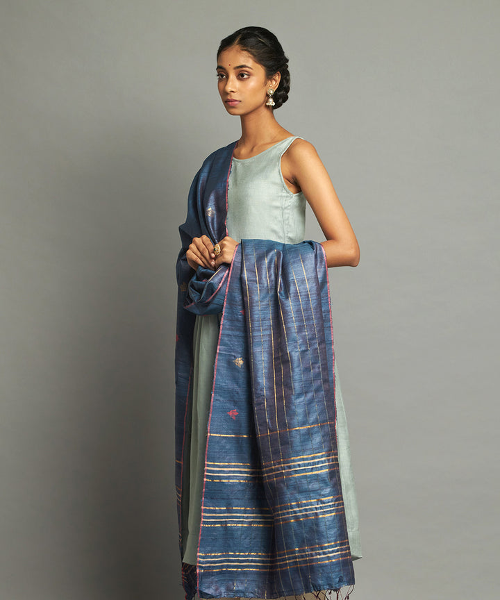Deep blue tussar silk hand woven kosa dupatta