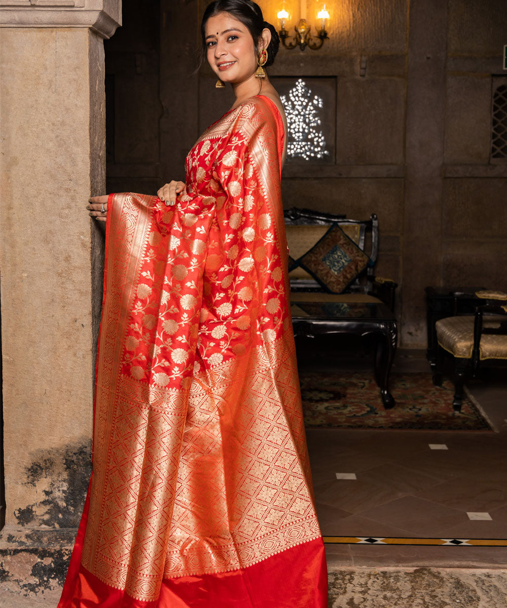 Red golden silk handwoven banarasi saree