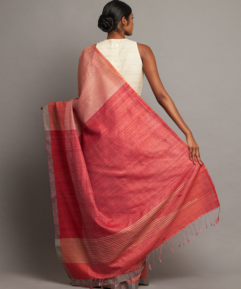 Red pink handwoven kosa silk saree in stripes