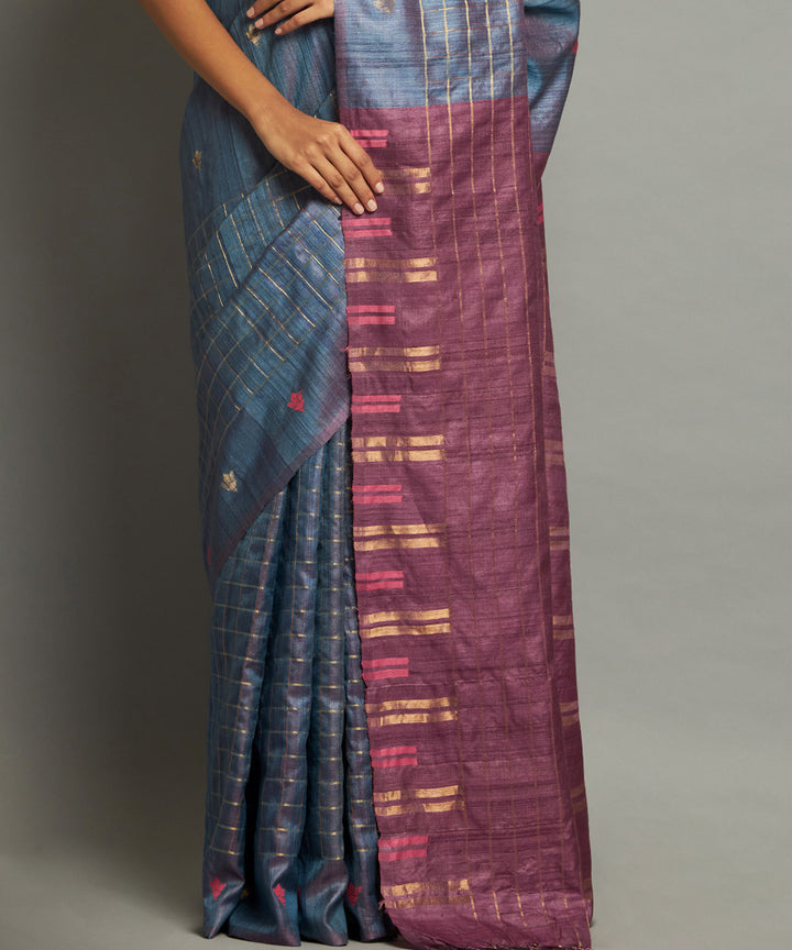 Blue maroon handwoven kosa silk saree