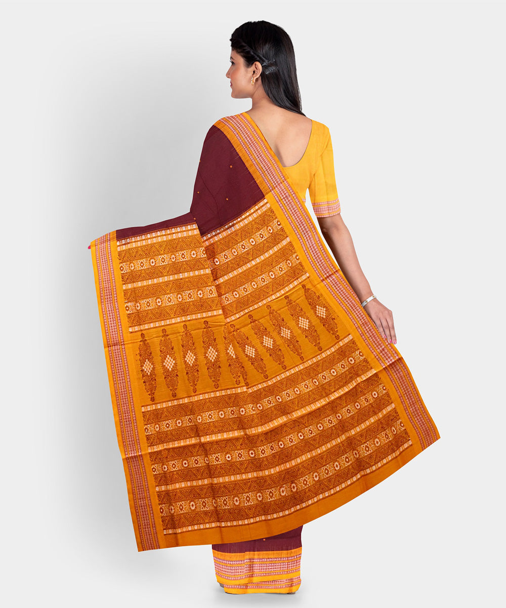 Chocolate cosmos metallic orange cotton handwoven bomkai saree