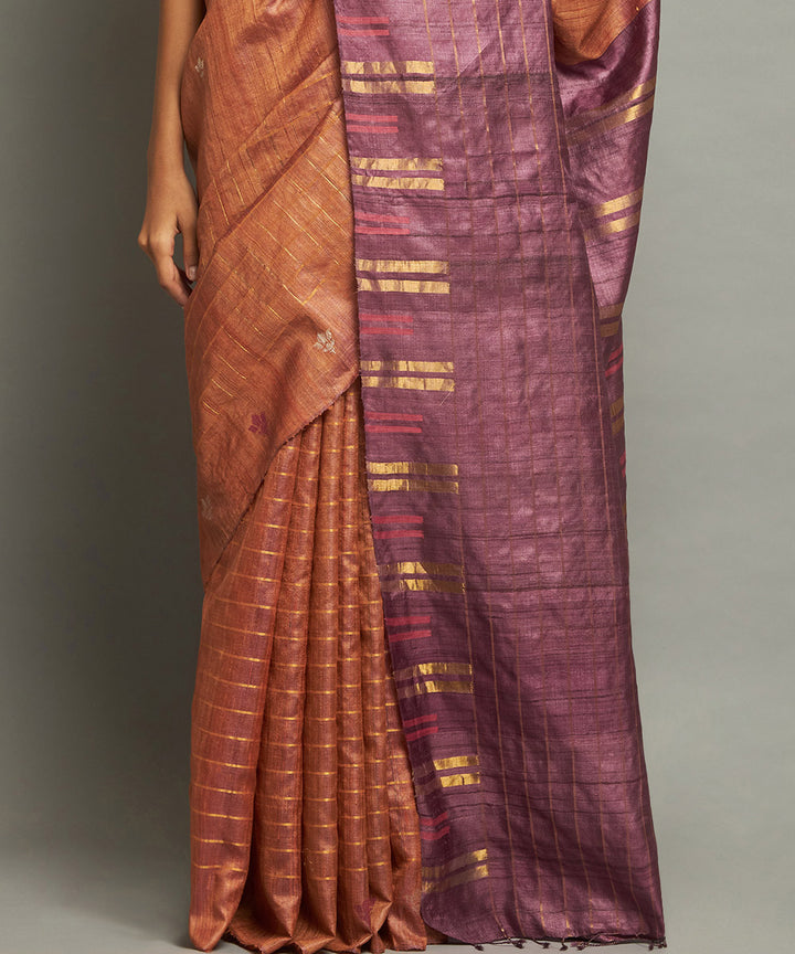 Brown purple handwoven kosa silk saree