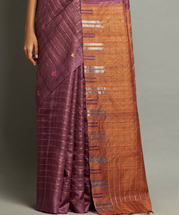 Maroon brown handwoven kosa silk saree