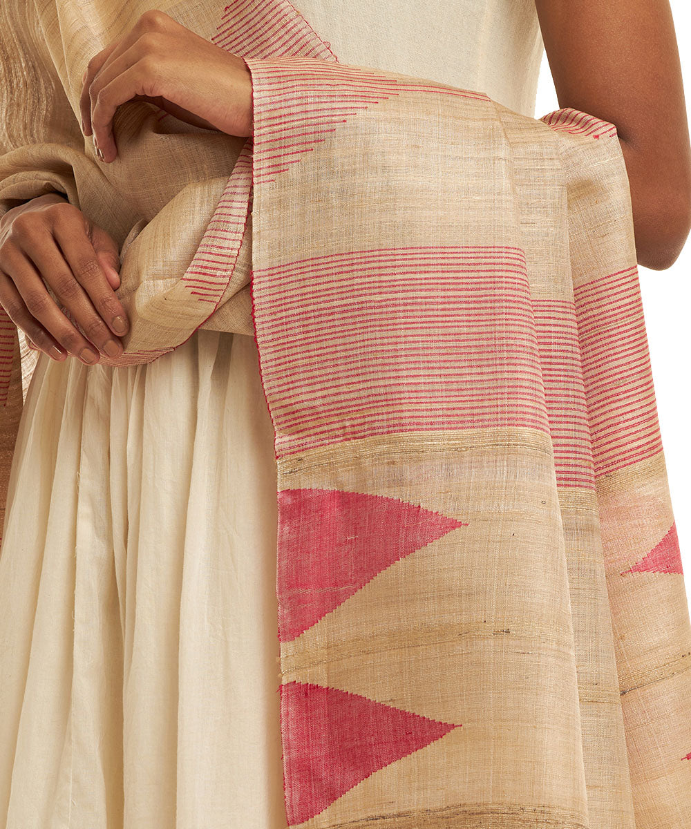 Beige pink temple motifs handwoven kosa silk dupatta