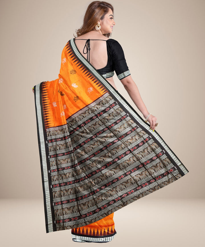Amber ornage black silk handwoven bomkai saree