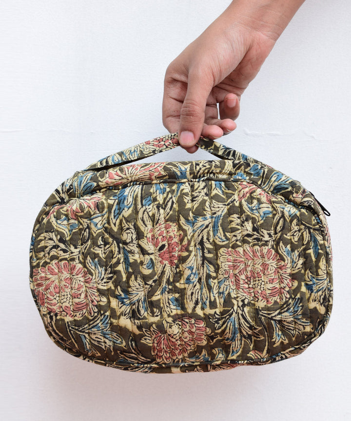 Olive green hand crafted cotton kalamakri make up pouch