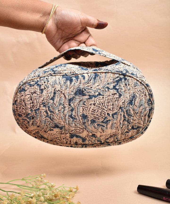 White blue crafted cotton kalamakri make up pouch