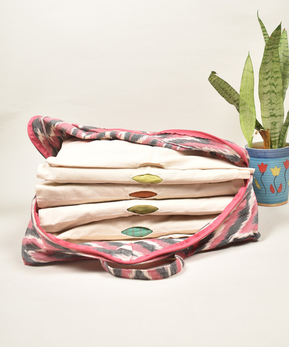 Pink white handcrafted cotton pochampally ikat bag