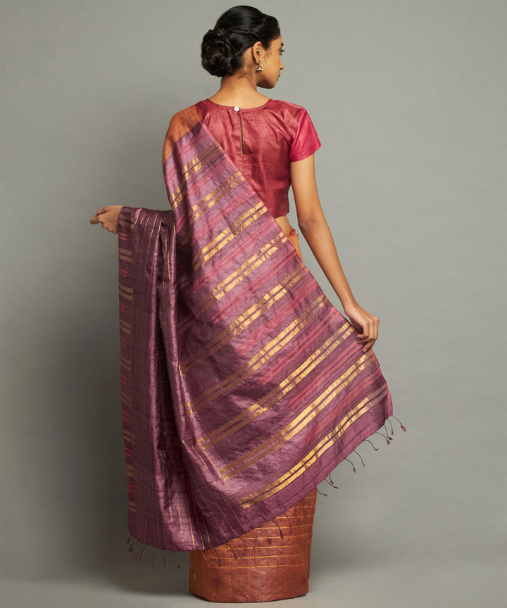 Brown purple handwoven kosa silk saree