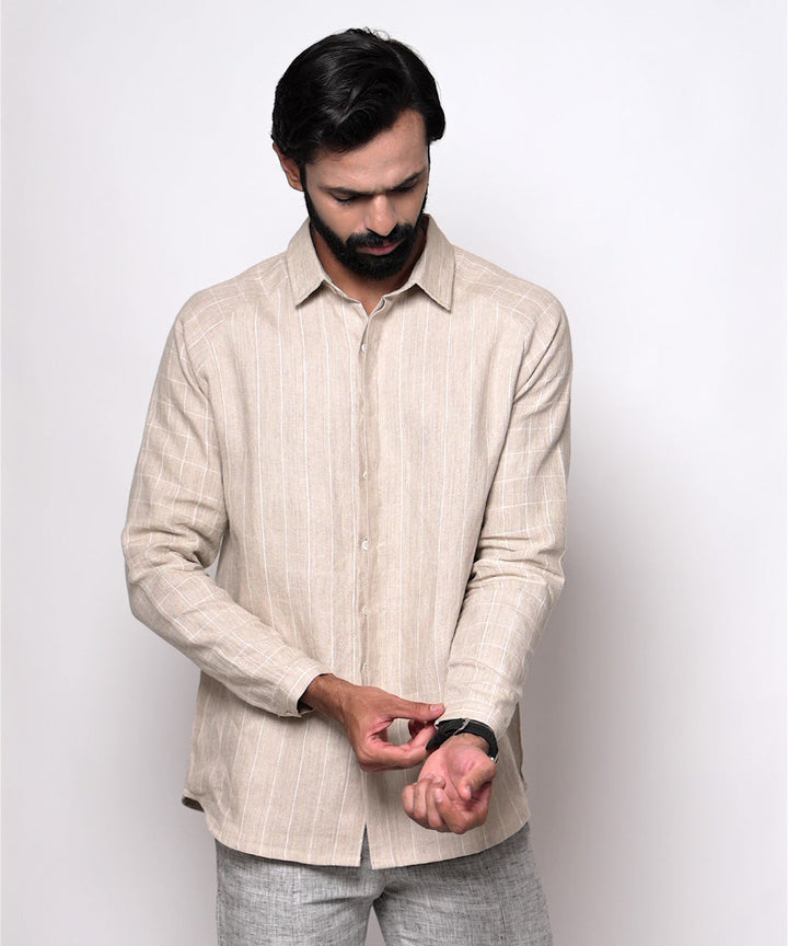 Beige stripes checks handwoven linen shirt