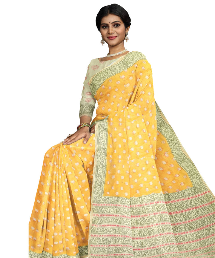 Yellow green cotton silk hand printed maheshwari saree