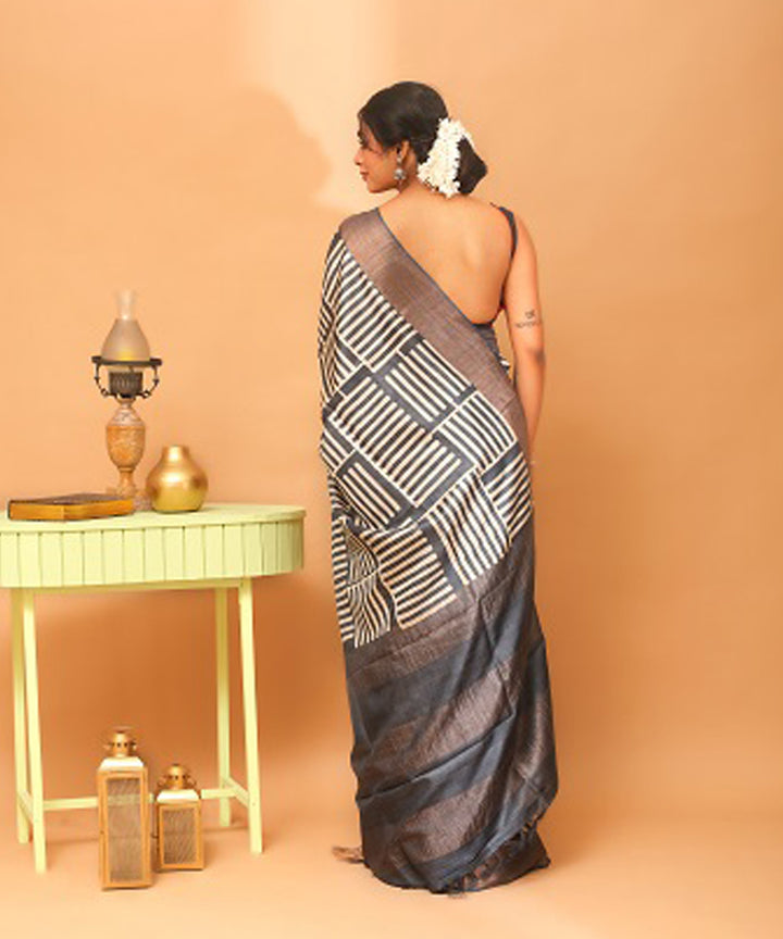 Black white chhattisgarh handloom tussar silk saree