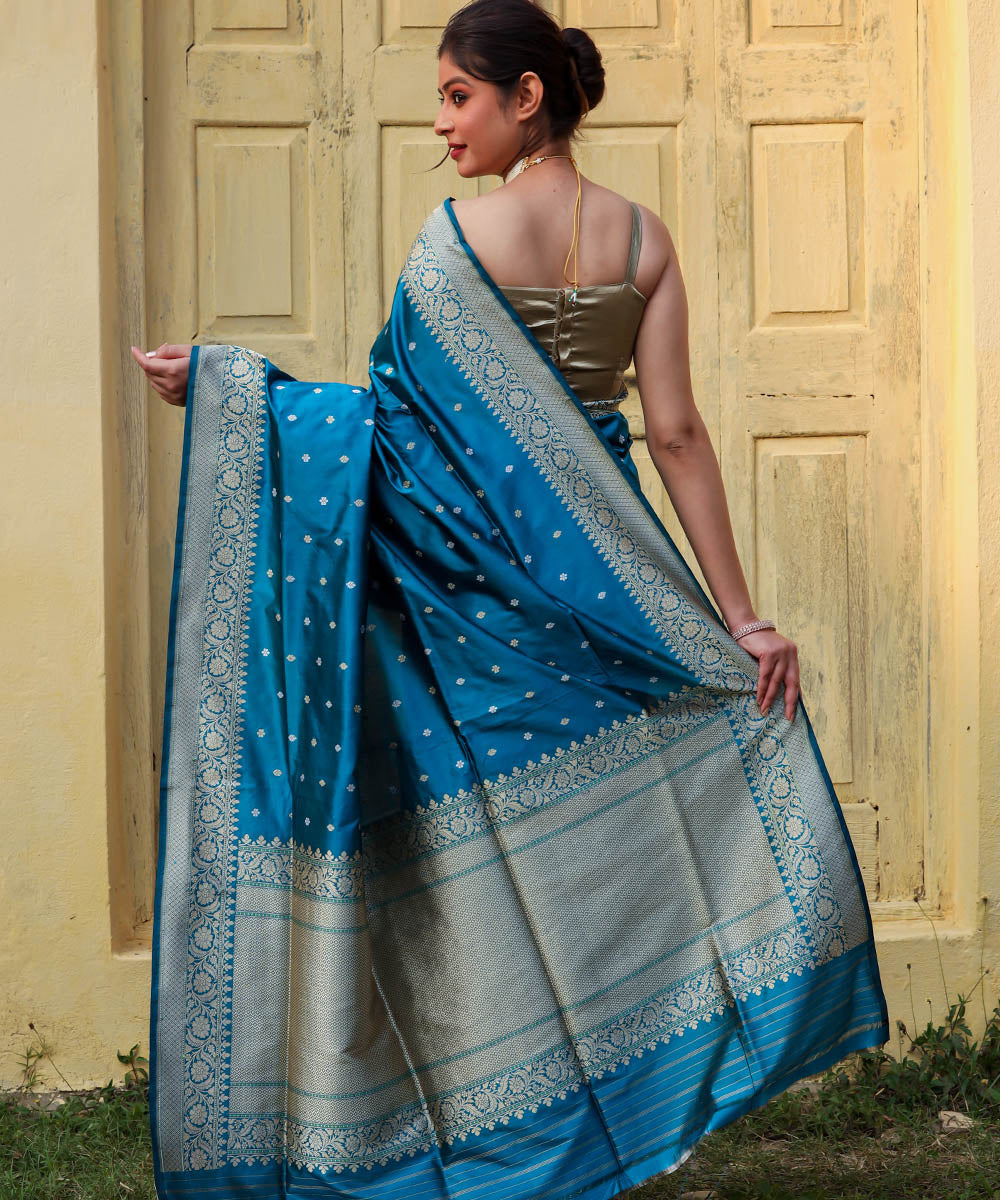 Teal blue handwoven banarasi silk saree
