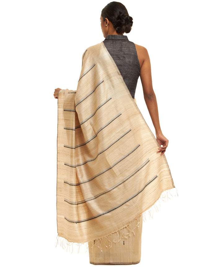 Handwoven natural undyed kosa saree with grey black weft motifs