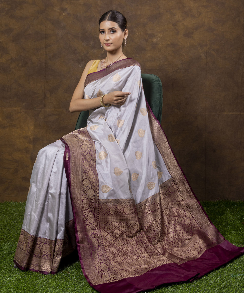 Grey maroon border silk handwoven banarasi saree – GoSwadeshi