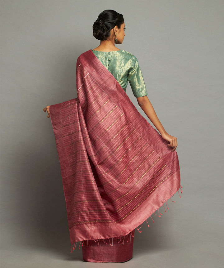 Maroon handwoven kosa silk saree with striped design