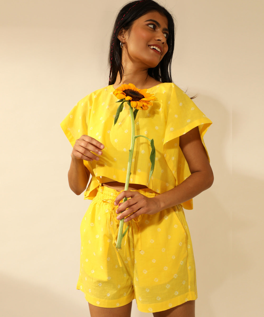Yellow handcrafted bandhani cotton shorts