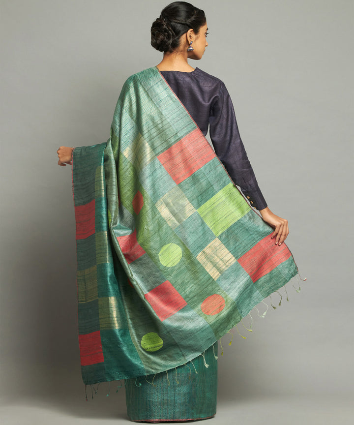 Teal green red handwoven kosa silk saree