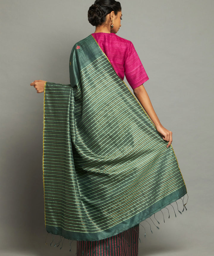 Dark green handwoven kosa silk saree with striped design