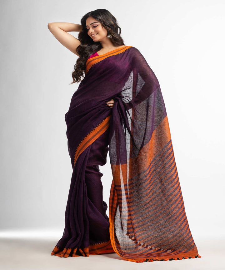 Purple handwoven bengal linen saree