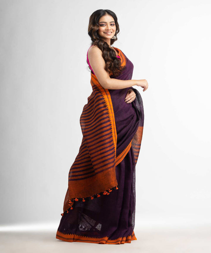 Purple handwoven bengal linen saree